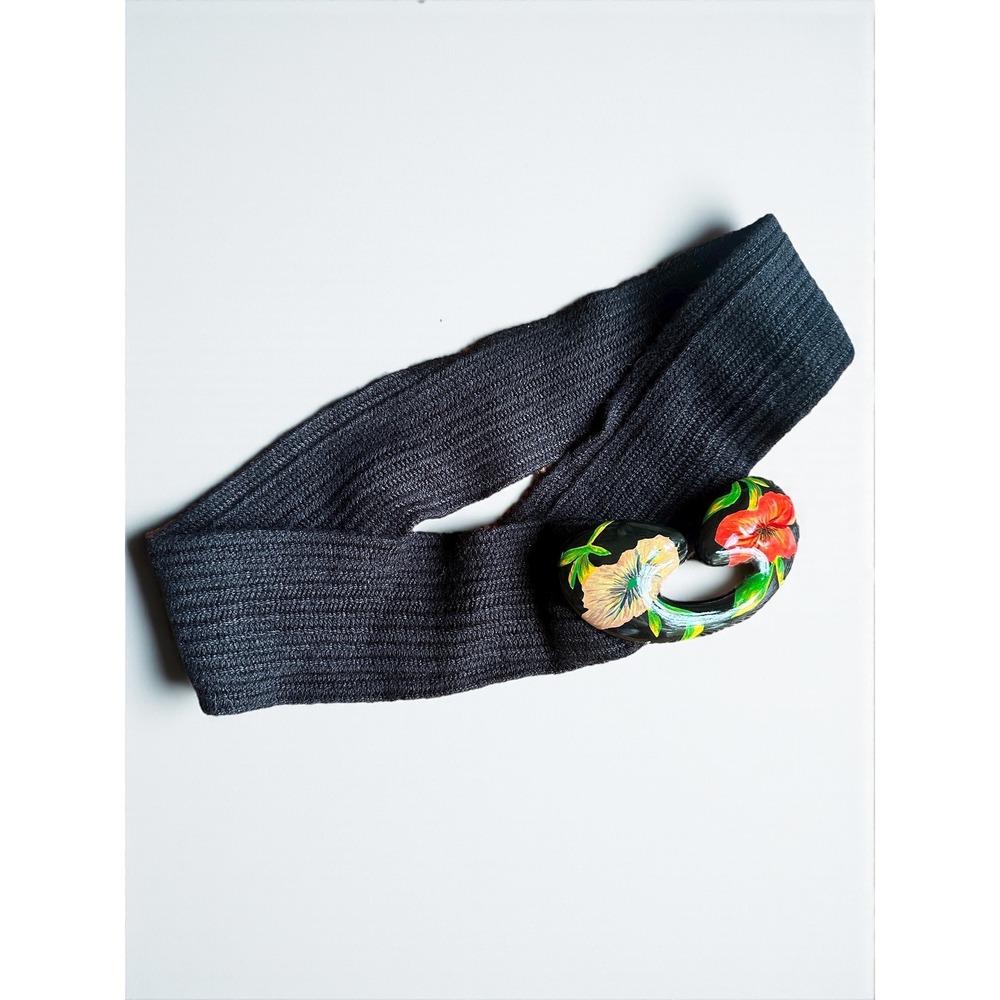 Vintage Rafael Sanchez Hand‎ Painted Wood Buckle Stretch Belt 36" Bertani Estate